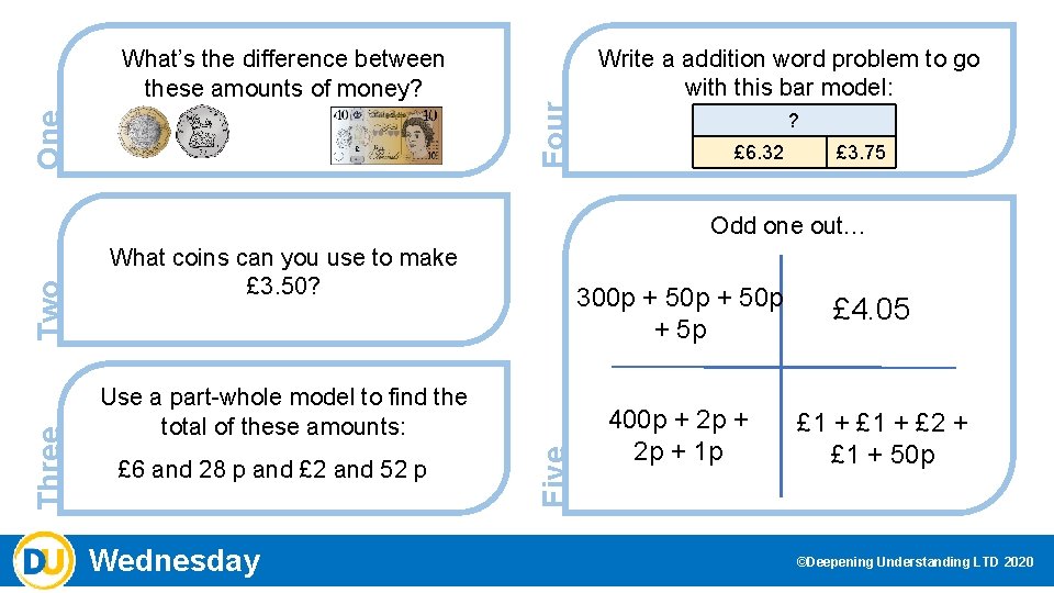 Four One What’s the difference between these amounts of money? Write a addition word