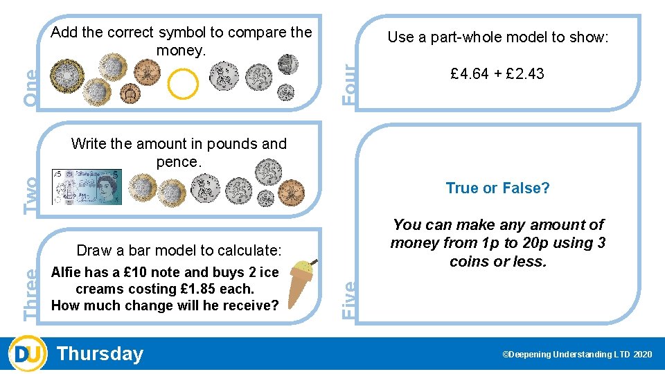 Add the correct symbol to compare the money. One Four Use a part-whole model