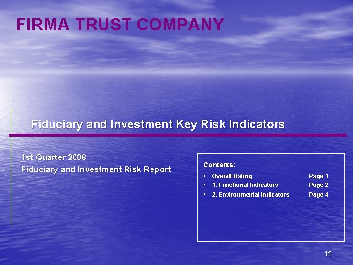 FIRMA TRUST COMPANY Fiduciary and Investment Key Risk Indicators 1 st Quarter 2008 Fiduciary