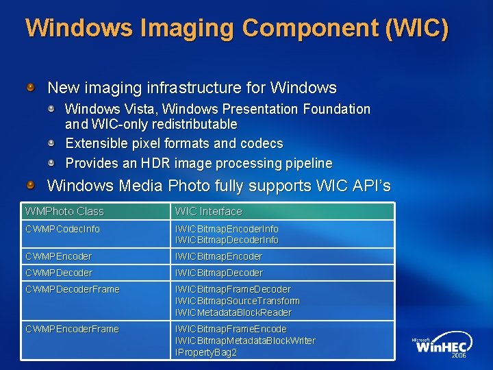 Windows Imaging Component (WIC) New imaging infrastructure for Windows Vista, Windows Presentation Foundation and