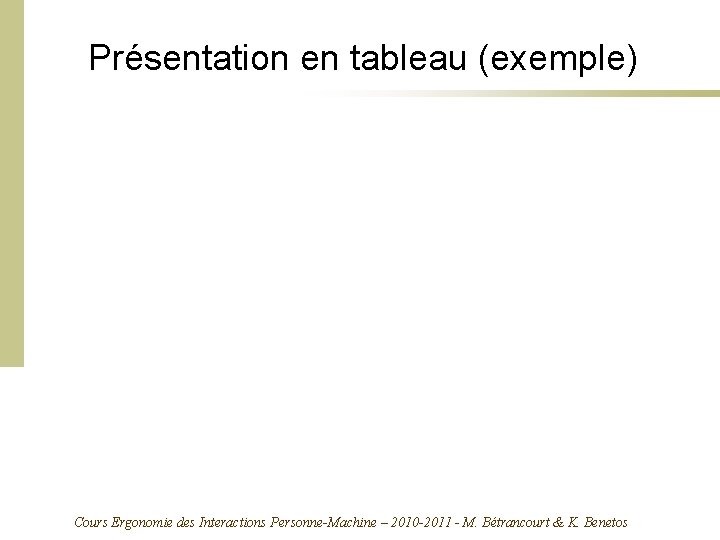 Présentation en tableau (exemple) Cours Ergonomie des Interactions Personne-Machine – 2010 -2011 - M.