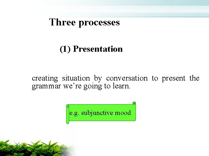 Three processes (1) Presentation creating situation by conversation to present the grammar we’re going