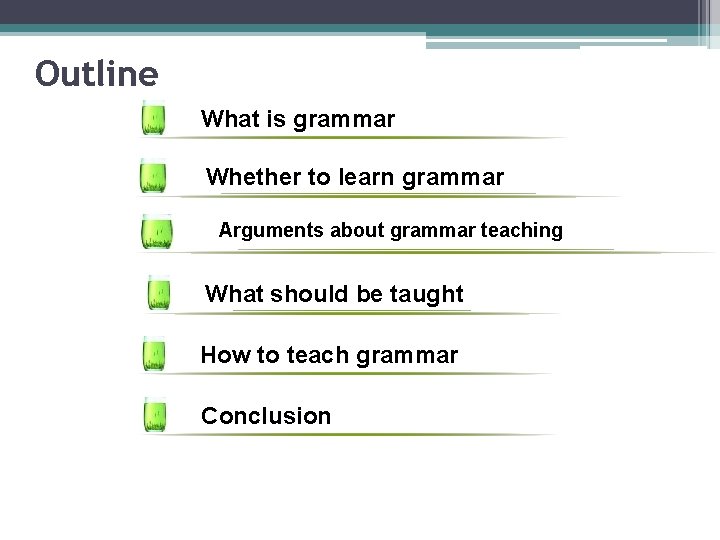 Outline What is grammar Whether to learn grammar Arguments about grammar teaching What should