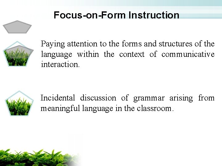 Focus-on-Form Instruction Paying attention to the forms and structures of the language within the