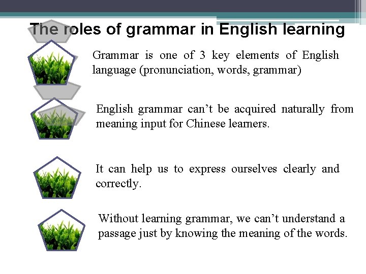 The roles of grammar in English learning Grammar is one of 3 key elements