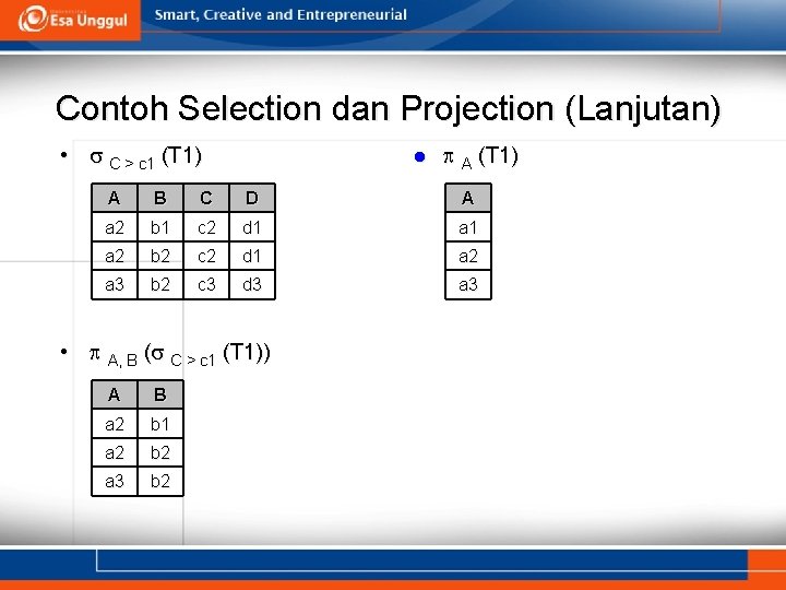 Contoh Selection dan Projection (Lanjutan) • C > c 1 (T 1) l A