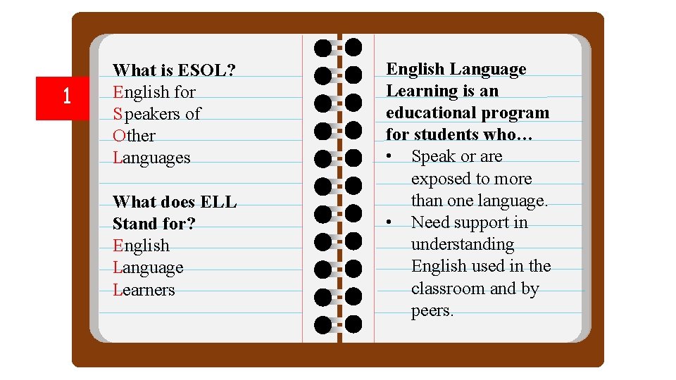 1 What is ESOL? English for S peakers of Other Languages What does ELL