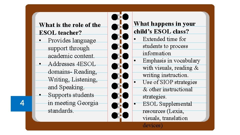 4 What is the role of the ESOL teacher? • Provides language support through