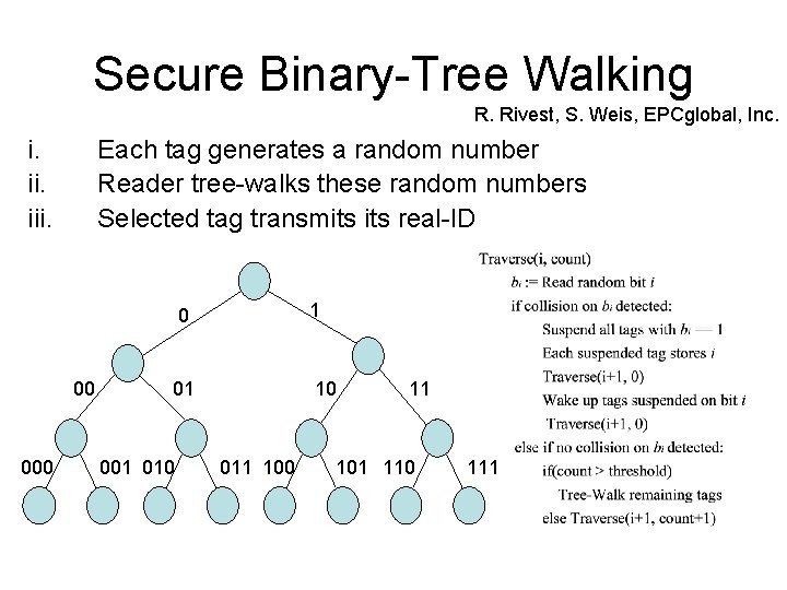 Secure Binary-Tree Walking R. Rivest, S. Weis, EPCglobal, Inc. i. iii. Each tag generates