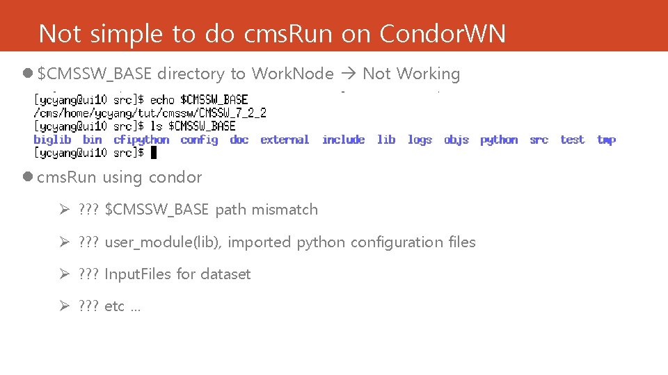 Not simple to do cms. Run on Condor. WN l $CMSSW_BASE directory to Work. Not simple to do cms. Run on Condor. WN l $CMSSW_BASE directory to Work.