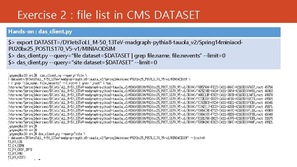Exercise 2 : file list in CMS DATASET Hands-on : das_client. py $> export Exercise 2 : file list in CMS DATASET Hands-on : das_client. py $> export