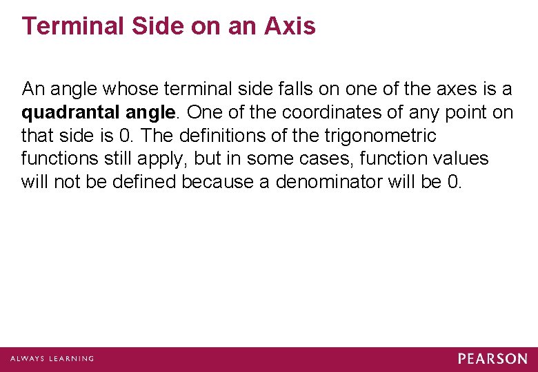 Terminal Side on an Axis An angle whose terminal side falls on one of