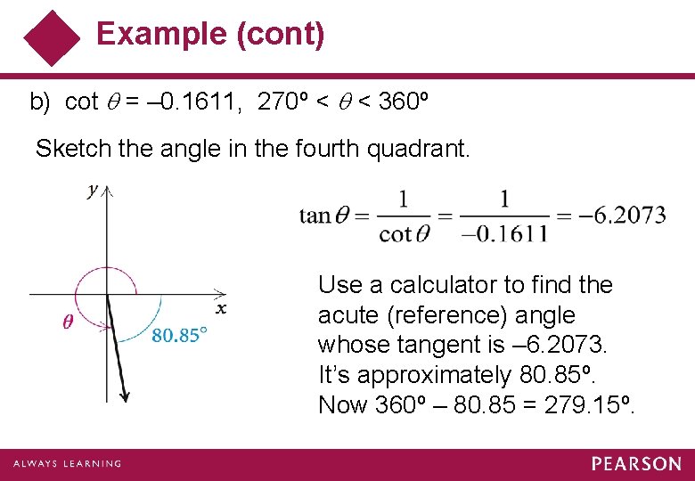 Example (cont) b) cot = – 0. 1611, 270º < < 360º Sketch the