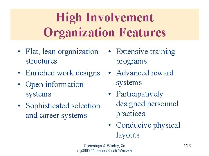 High Involvement Organization Features • Flat, lean organization • Extensive training structures programs •