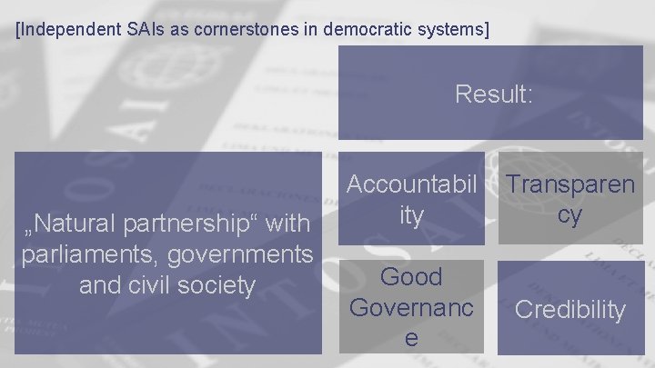 [Independent SAIs as cornerstones in democratic systems] Result: „Natural partnership“ with parliaments, governments and