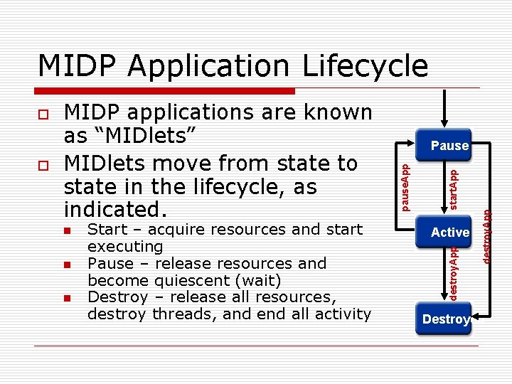 MIDP Application Lifecycle n n Start – acquire resources and start executing Pause –