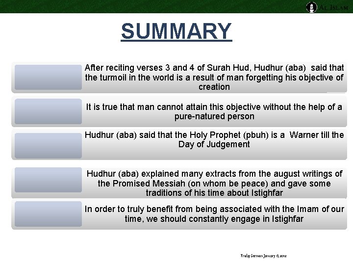 SUMMARY After reciting verses 3 and 4 of Surah Hud, Hudhur (aba) said that