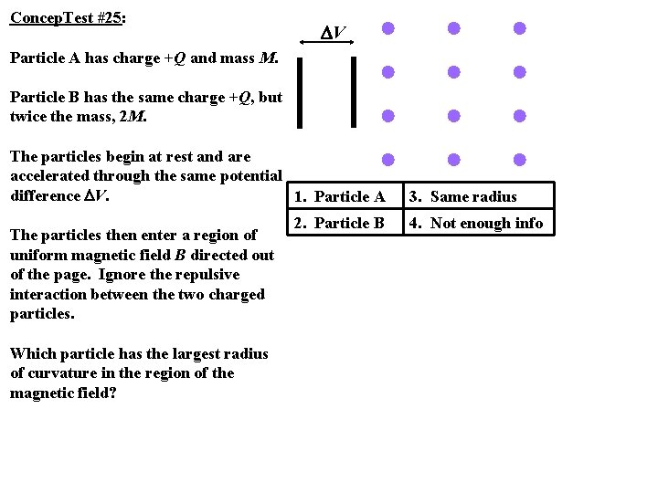 Concep. Test #25: Particle A has charge +Q and mass M. Particle B has
