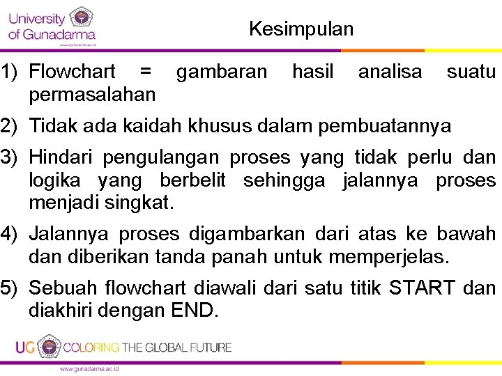 Kesimpulan 1) Flowchart = gambaran permasalahan hasil analisa suatu 2) Tidak ada kaidah khusus