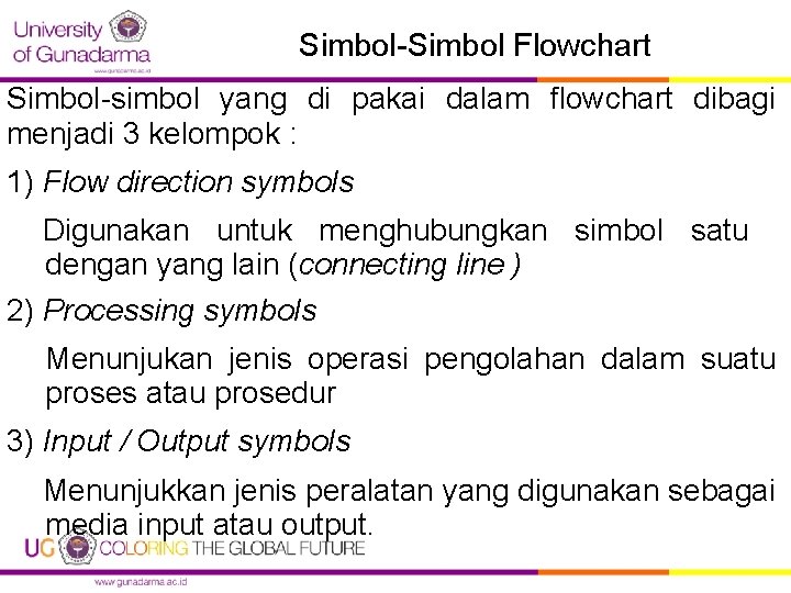 Simbol-Simbol Flowchart Simbol-simbol yang di pakai dalam flowchart dibagi menjadi 3 kelompok : 1)