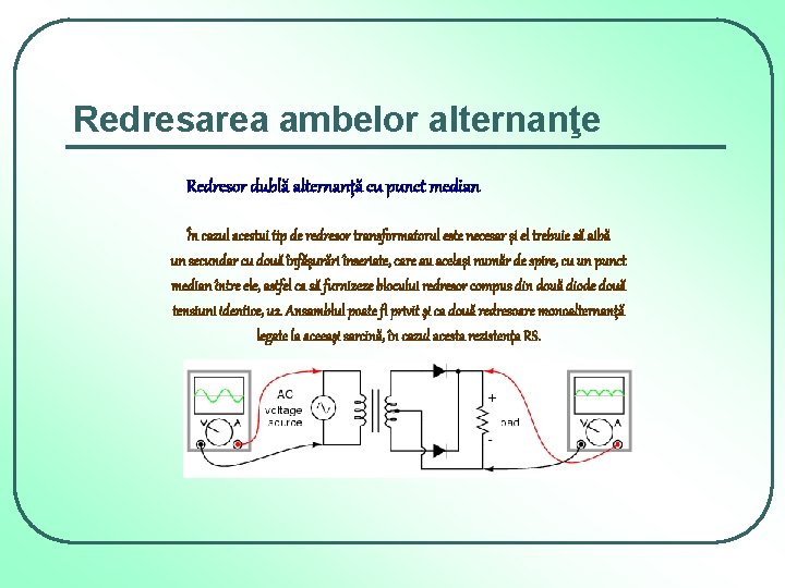 Redresarea ambelor alternanţe Redresor dublă alternanţă cu punct median În cazul acestui tip de