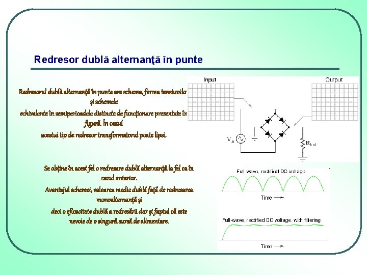 Redresor dublă alternanţă în punte Redresorul dublă alternanţă în punte are schema, forma tensiunilor Redresor dublă alternanţă în punte Redresorul dublă alternanţă în punte are schema, forma tensiunilor