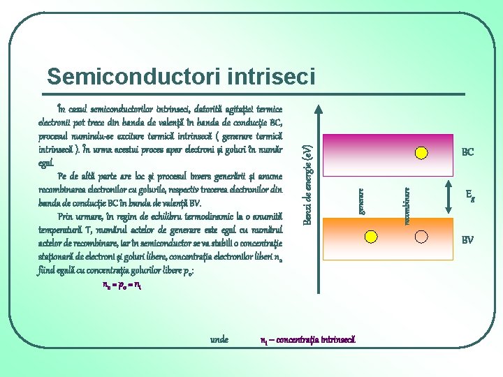 unde ni – concentraţia intrinsecă recombinare BC generare În cazul semiconductorilor intrinseci, datorită agitaţiei unde ni – concentraţia intrinsecă recombinare BC generare În cazul semiconductorilor intrinseci, datorită agitaţiei