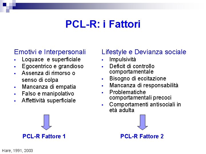 PCL-R: i Fattori Emotivi e Interpersonali § § § Loquace e superficiale Egocentrico e