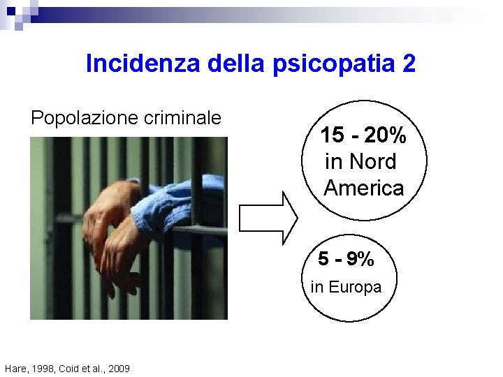 Incidenza della psicopatia 2 Popolazione criminale 15 - 20% in Nord America 5 -