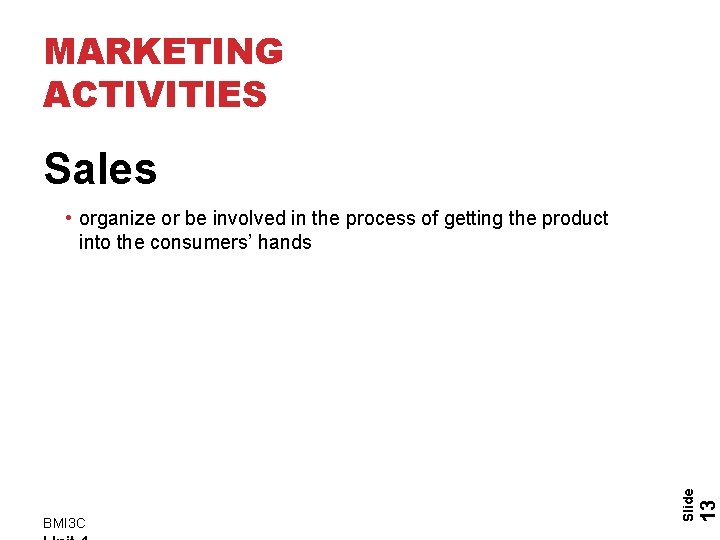 MARKETING ACTIVITIES Sales 13 BMI 3 C Slide • organize or be involved in MARKETING ACTIVITIES Sales 13 BMI 3 C Slide • organize or be involved in