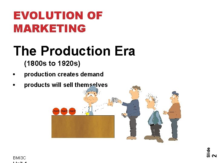 EVOLUTION OF MARKETING The Production Era production creates demand • products will sell themselves EVOLUTION OF MARKETING The Production Era production creates demand • products will sell themselves