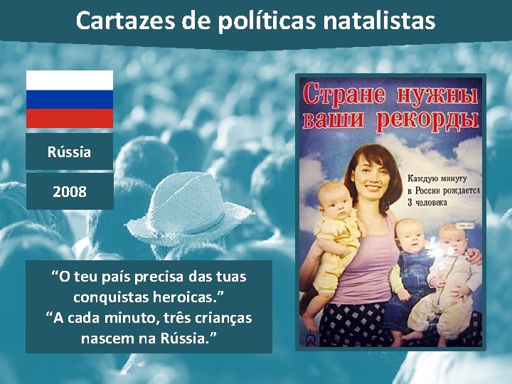 Cartazes de políticas natalistas Rússia 2008 “O teu país precisa das tuas conquistas heroicas.