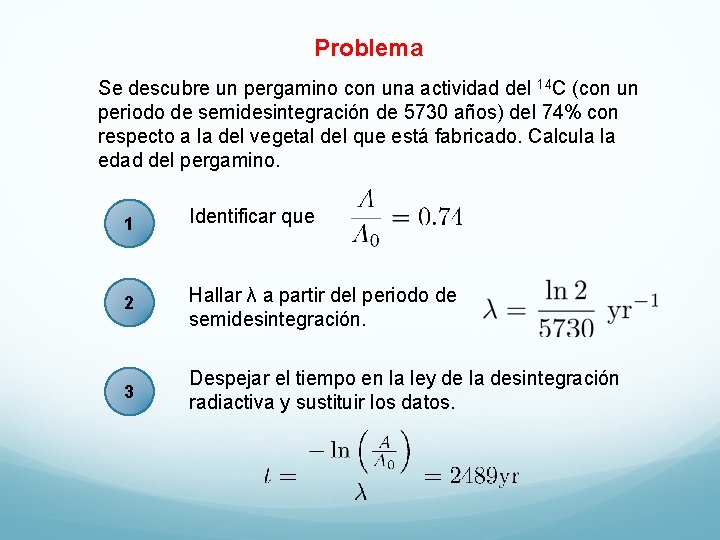 Problema Se descubre un pergamino con una actividad del 14 C (con un periodo