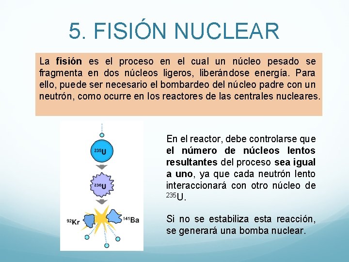 5. FISIÓN NUCLEAR La fisión es el proceso en el cual un núcleo pesado