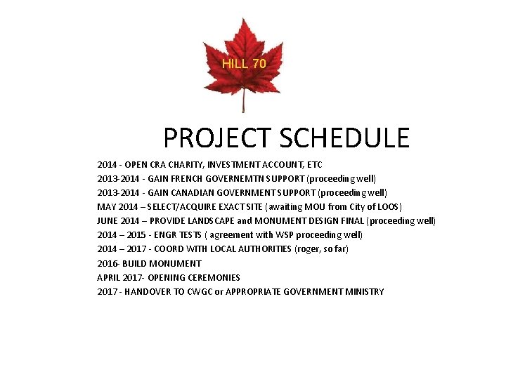 HILL 70 PROJECT SCHEDULE 2014 - OPEN CRA CHARITY, INVESTMENT ACCOUNT, ETC 2013 -2014