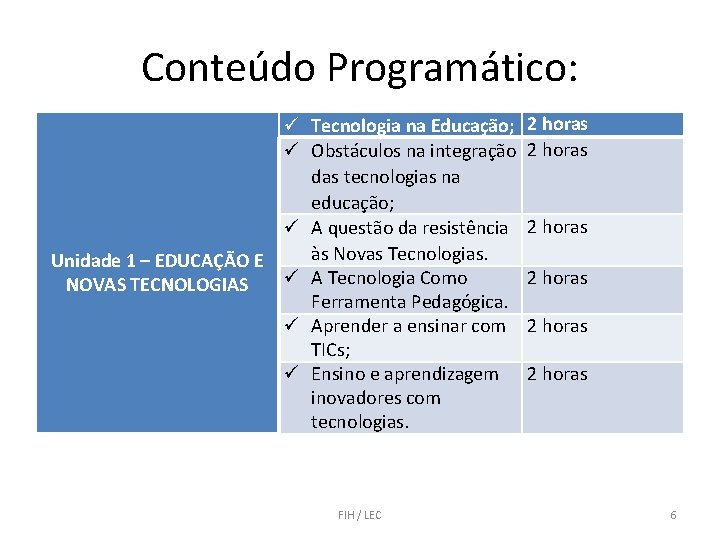 Conteúdo Programático: Unidade 1 – EDUCAÇÃO E NOVAS TECNOLOGIAS Tecnologia na Educação; Obstáculos na