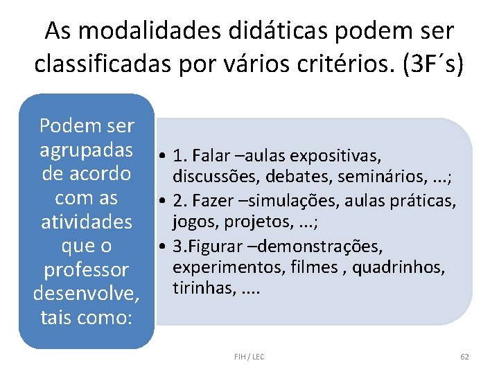 As modalidades didáticas podem ser classificadas por vários critérios. (3 F´s) Podem ser agrupadas