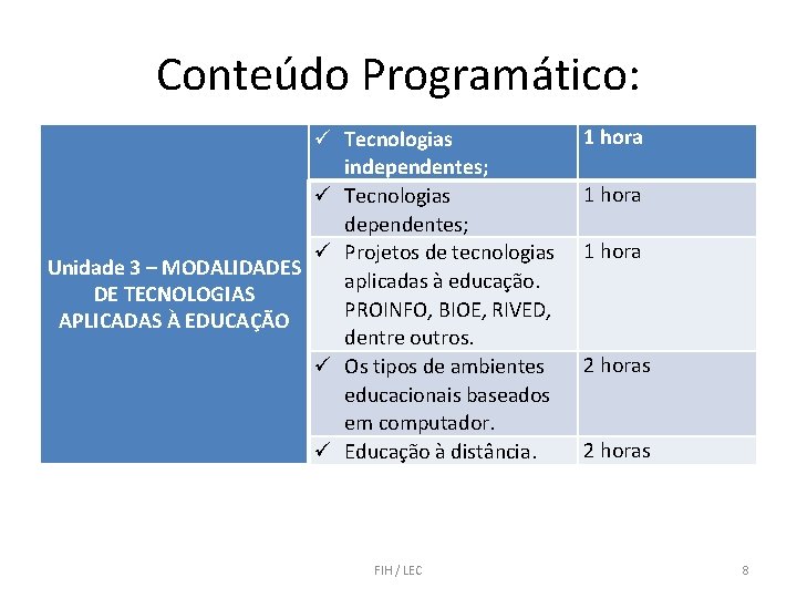 Conteúdo Programático: Tecnologias independentes; Tecnologias dependentes; Projetos de tecnologias Unidade 3 – MODALIDADES aplicadas