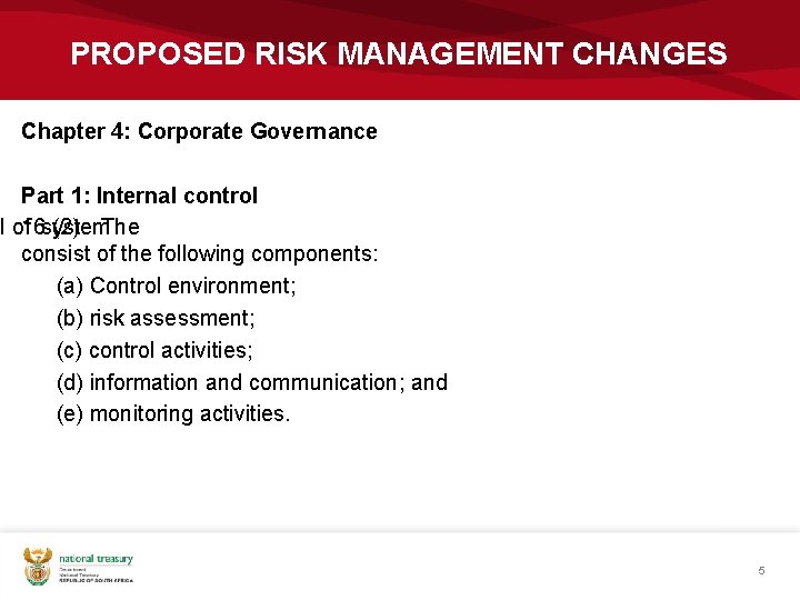 PROPOSED RISK MANAGEMENT CHANGES Chapter 4: Corporate Governance Part 1: Internal control l of
