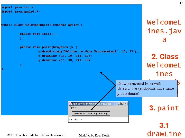 18 import java. awt. *; import java. applet. *; Welcome. L ines. jav a