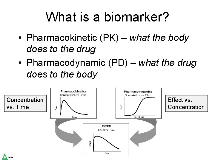 What is a biomarker? • Pharmacokinetic (PK) – what the body does to the