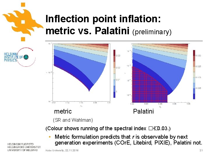 Inflection point inflation: metric vs. Palatini (preliminary) metric Palatini (SR and Wahlman) (Colour shows