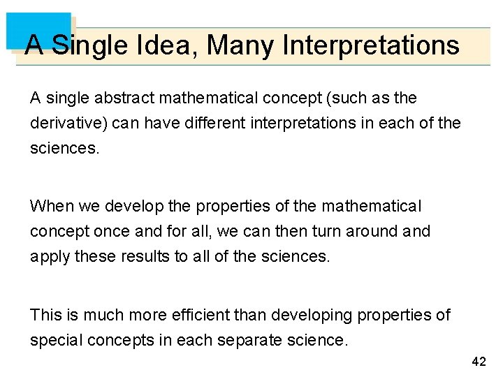 A Single Idea, Many Interpretations A single abstract mathematical concept (such as the derivative)