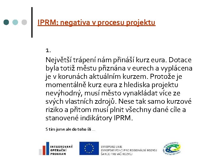 IPRM: negativa v procesu projektu 1. Největší trápení nám přináší kurz eura. Dotace byla