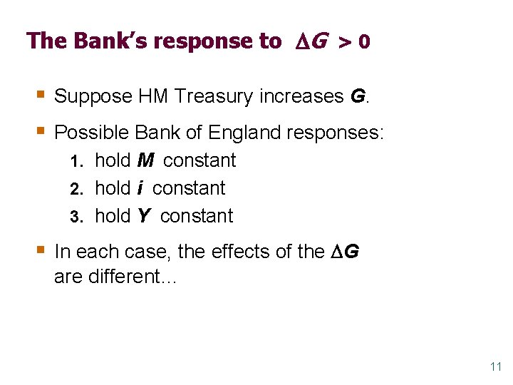 The Bank’s response to G > 0 § Suppose HM Treasury increases G. §