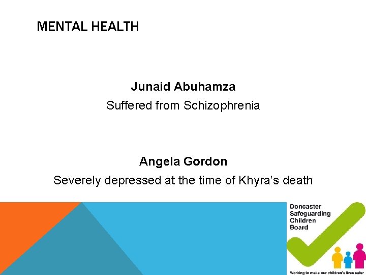 MENTAL HEALTH Junaid Abuhamza Suffered from Schizophrenia Angela Gordon Severely depressed at the time MENTAL HEALTH Junaid Abuhamza Suffered from Schizophrenia Angela Gordon Severely depressed at the time