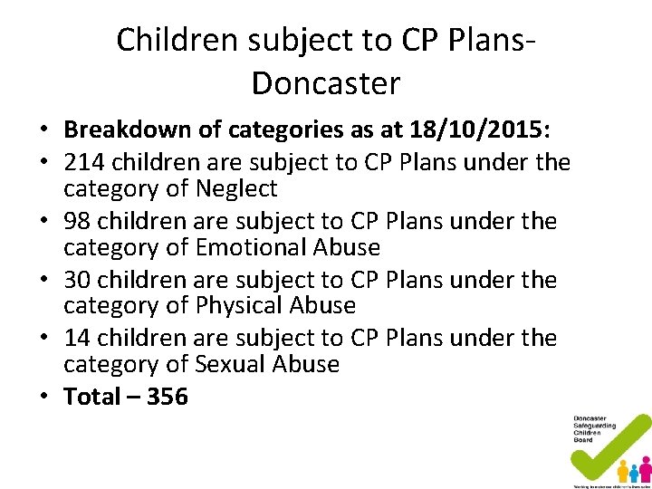 Children subject to CP Plans. Doncaster • Breakdown of categories as at 18/10/2015: • Children subject to CP Plans. Doncaster • Breakdown of categories as at 18/10/2015: •