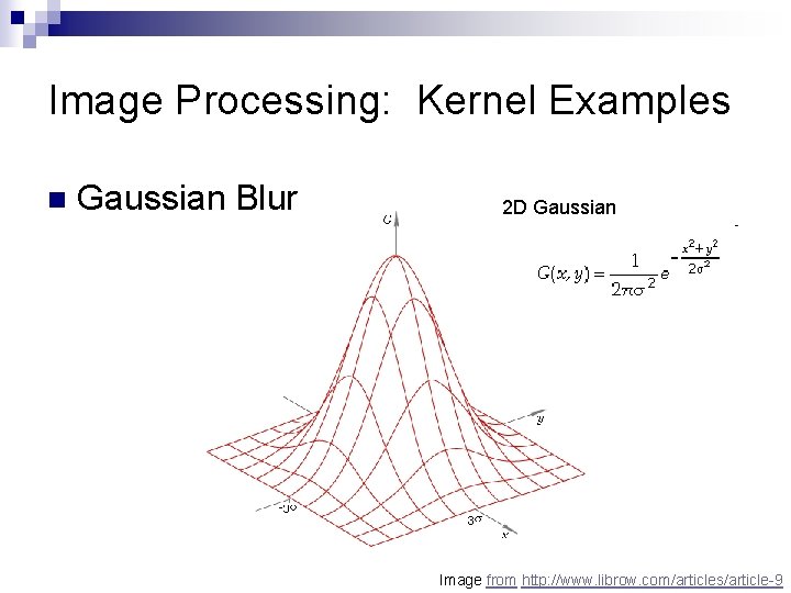 Image Processing: Kernel Examples n Gaussian Blur 2 D Gaussian Image from http: //www.