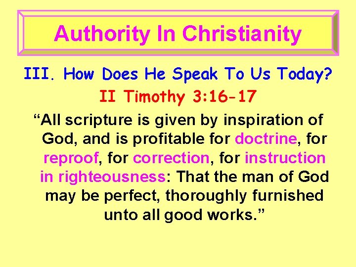 Authority In Christianity III. How Does He Speak To Us Today? II Timothy 3: