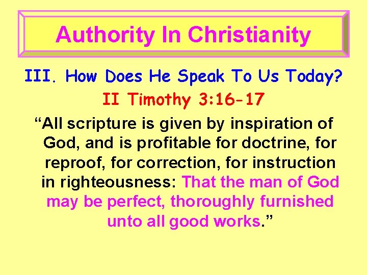 Authority In Christianity III. How Does He Speak To Us Today? II Timothy 3: